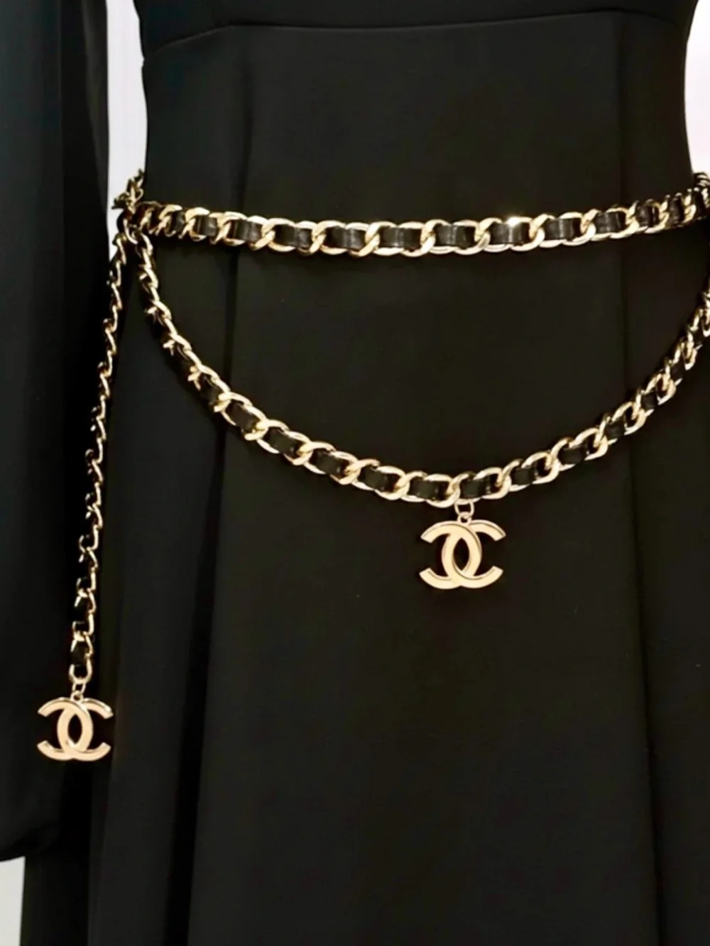 BELT: Black Pleather w/Golden Links Chain & 2 Dangling Monogram Pendants, NWOT